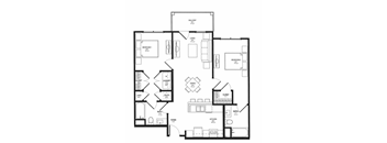 A black and white image of a house floor plan with two bedrooms, a living room, a dining room, a kitchen, a foyer, a bathroom, a laundry room, and a closet.