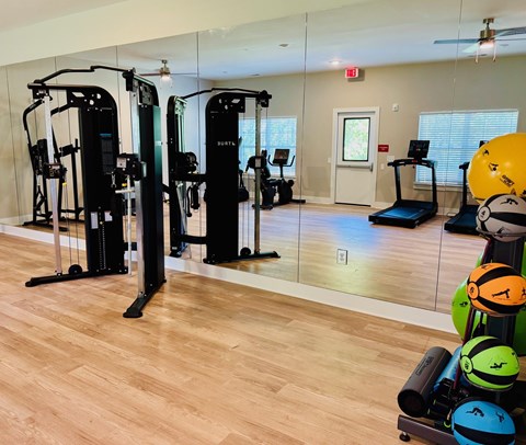 A gym with a mirror wall and exercise equipment.