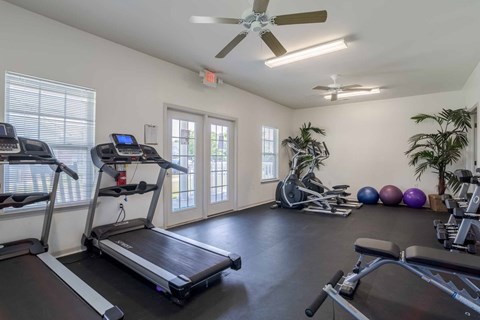 A spacious gym with treadmills, exercise balls, and a ceiling fan.