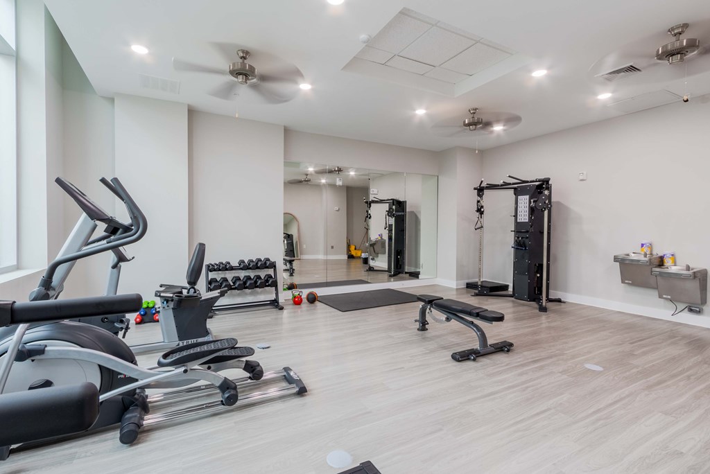 A spacious gym with a variety of equipment including treadmills, weights, and a bench press at James Lewis Jr, Charleston