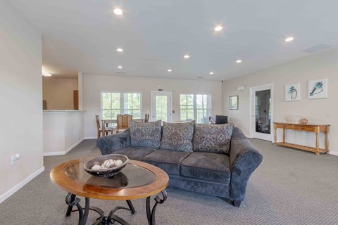A living room with a grey couch and a wooden coffee table.