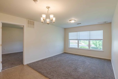 A room with a carpeted floor and a chandelier hanging from the ceiling.