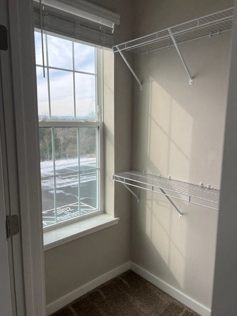 a white closet with a window and a rack on the wall