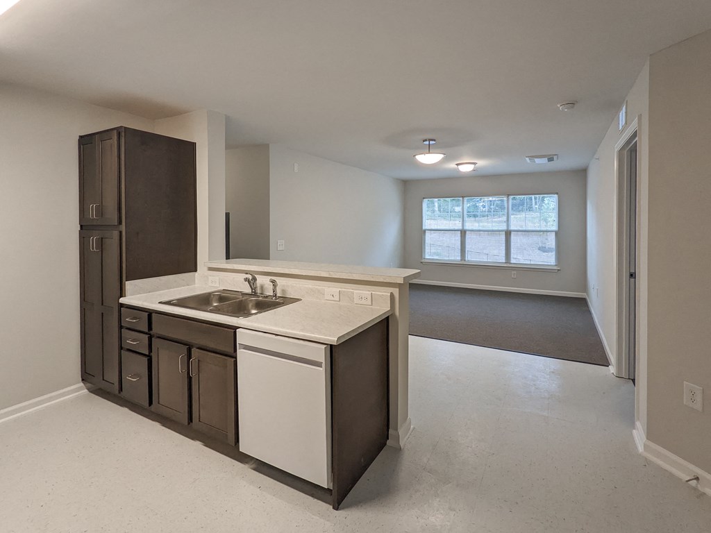an empty kitchen with a sink and refrigerator in an empty house