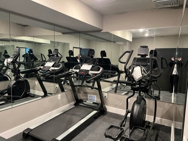 a group of exercise equipment in a room with mirrors