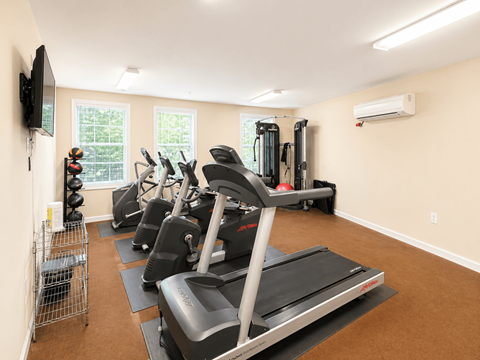 A home gym with treadmills, elliptical machines, and a television.