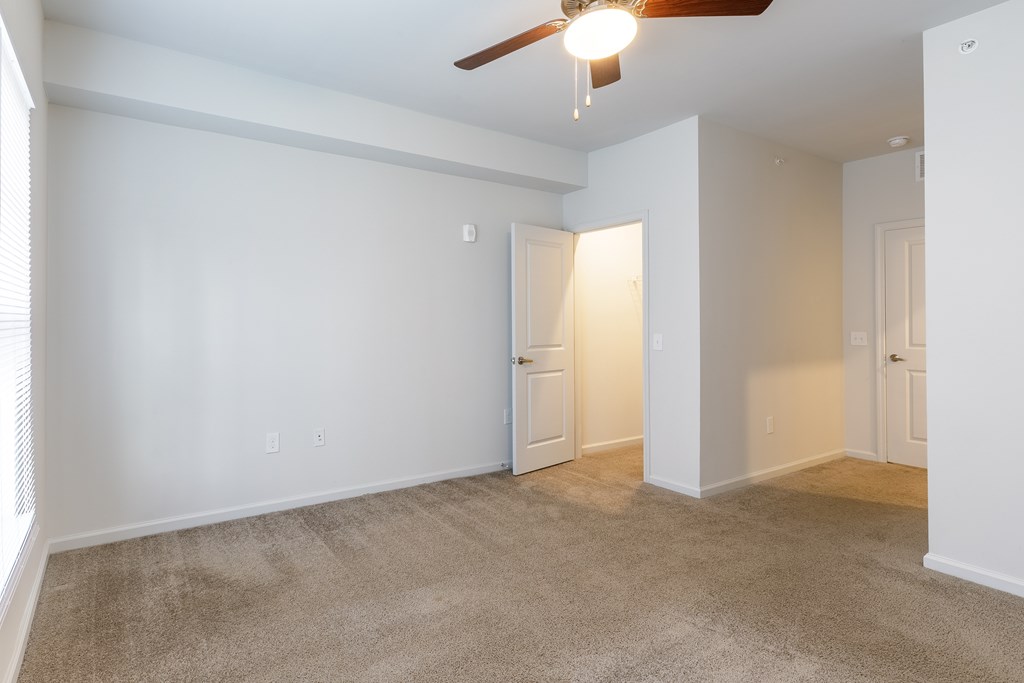 A room with a ceiling fan and carpeted floor.