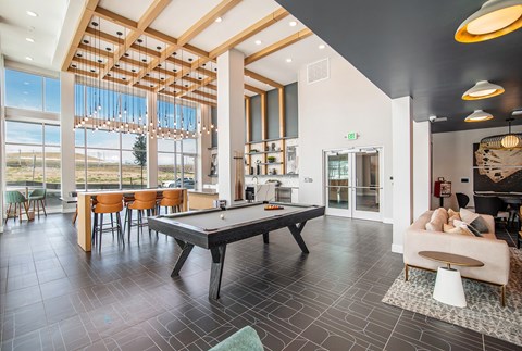 A spacious room with a pool table and a view of the outdoors.