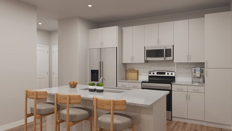 A modern kitchen with a dining table and chairs.