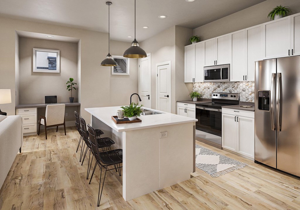 1 Bedroom Kitchen and desk at Solstice Marana Apartments in Tucson Arizona 2024