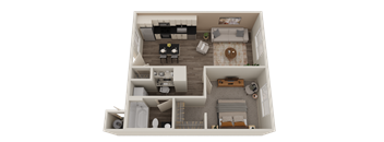 A 3D rendered image of a modern apartment layout.
