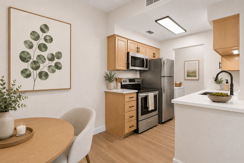 A modern kitchen with a wooden table and chairs.