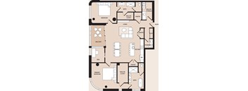 A floor plan of a house with a balcony, two bedrooms, a dining room, kitchen, living room, pantry, powder room, and a primary bedroom.