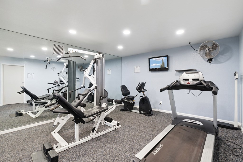 A home gym with a treadmill, weights, and exercise equipment.