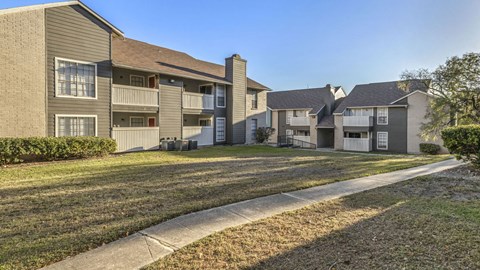 A sunny day at a residential area with apartment buildings.