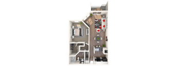 A 3D floor plan of a small apartment with a kitchen, living room, and bedroom.