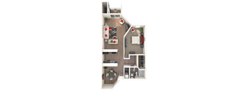 A top down view of a house layout with a living room, dining room, kitchen, and bedrooms.