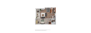 A floor plan of a small apartment with a living room, kitchen, and bathroom.