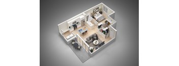 A 3D rendered image of a modern apartment layout.