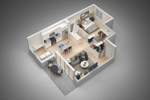 A 3D rendered image of a modern apartment layout.