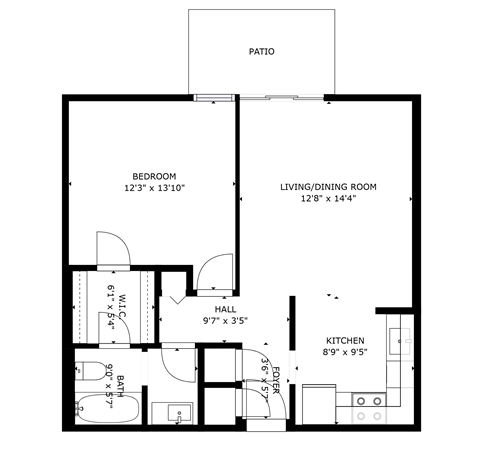 a floor plan of a 1 bedroom floor plan with a bathroom and a living room