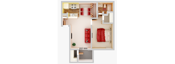 A top-down view of a small apartment with a bedroom, living room, and kitchen.