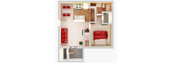 A top-down view of a room with a red couch, a white table, and a small plant.