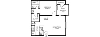 A floor plan of a small apartment with a living room, dining room, kitchen, bedroom, and bathroom.