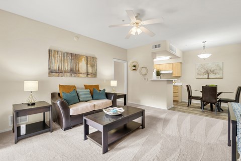 A living room with a brown sofa and a coffee table.