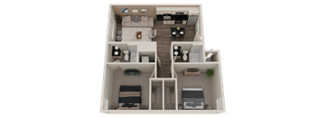 A 3D rendered image of a two-story apartment layout.