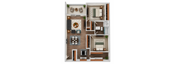 A top-down view of a small apartment layout with a kitchen, living room, and bedroom.