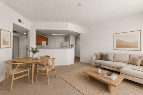 A living room with a dining table and a couch.