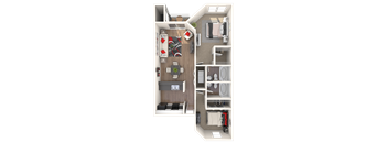 A 3D rendered image of a small apartment layout.