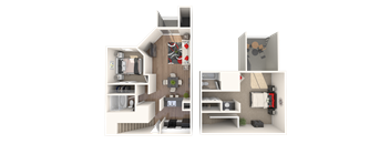 A 3D floor plan of a small apartment with a kitchen, living room, and bedroom.