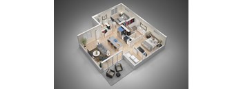 A 3D rendered image of a modern, minimalist house interior.