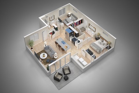 A 3D rendered image of a modern, minimalist house interior.