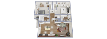 A top-down view of a two-bedroom apartment with a living room, kitchen, and bathroom.