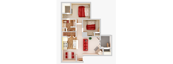 A 3D floor plan of a house with furniture and appliances.