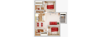 A top-down view of a living room with a couch, a coffee table, and a television.