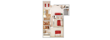 A top-down view of a room with a bed, couch, and a small kitchen area.