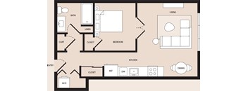 A floor plan of a house with labeled rooms such as bedroom, kitchen, and living room.