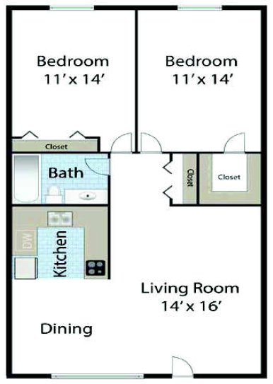 Two bedroom one bathroom floor plan image at Radius Apartments in Phoenix AZ