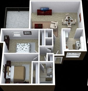 2 bedroom 1 bathroom floor plan image at Villas de la Terraza Apartments in Albuquerque NM