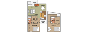 A floor plan of a house with two bedrooms, a living room, a kitchen, a dining room, a patio, a fireplace, a storage area, a covered entry, a bathroom with a walk-in closet,