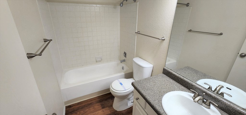 2x2 Upstairs Brown Upgrade Guest Bathroom at Mission Palms Apartment Homes in Tucson AZ