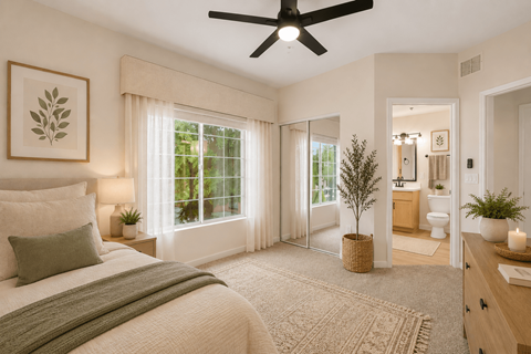 A bedroom with a large bed and a ceiling fan.