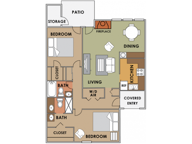 Two bedroom two bathroom floor plan image at Orange Tree Village Apartments in Tucson AZ