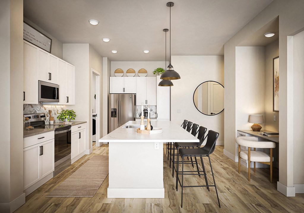 3 bedroom Kitchen and desk at Solstice Marana Apartments in Tucson Arizona 2024