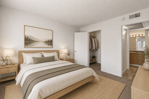 A bedroom with a large bed and a painting on the wall.