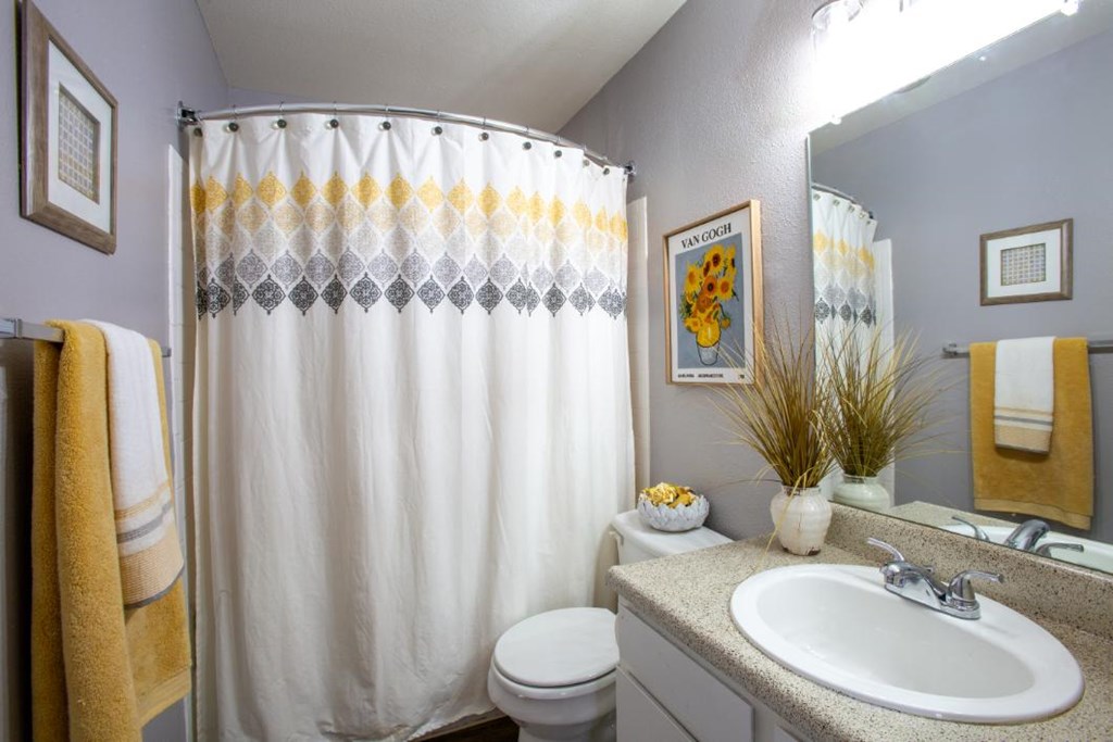A bathroom with a white toilet, a sink, and a shower curtain.